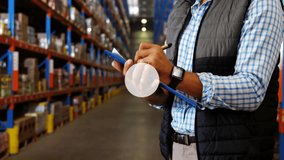 Animation of network of icons over caucasian male senior supervisor checking stock at warehouse. Global networking and logistics business technology concept - Powered by Shutterstock - Get 15% off with code: PIKWIZARD15