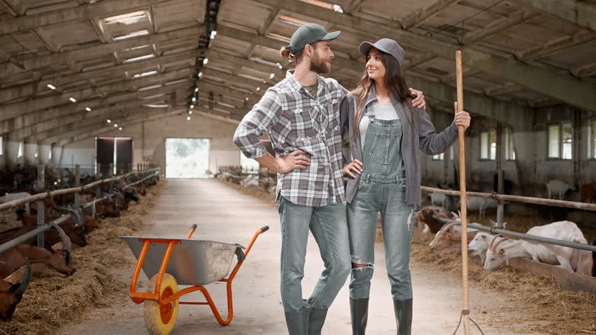 Zooming in pretty Caucasian couple with agricultural tools, standing in goats barn. Happy man hugging his wife and smiling. Young people taking care of farm animals together. Farming business concept.
