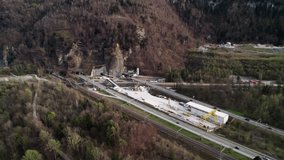 Aerial view of Highway tunnel construction site, Weesen, Switzerland. 4K video.