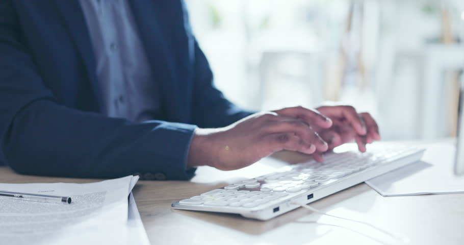 Business man, hands and keyboard typing on computer, network update and seo insight on internet in office. Closeup employee, desktop and research on technology, data planning or email of online admin