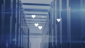 Animation of heart icons floating and data processing against computer server room. Social media networking and business data storage technology concept - Powered by Shutterstock - Get 15% off with code: PIKWIZARD15