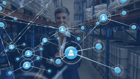 Animation of network of connections with icons over caucasian businesswoman working in warehouse. Global shipping, networks, business, computing and data processing concept digitally generated video. - Powered by Shutterstock - Get 15% off with code: PIKWIZARD15