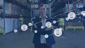 Animation of network of connections with icons over caucasian businesswoman working in warehouse. Global shipping, networks, business, computing and data processing concept digitally generated video. - Powered by Shutterstock - Get 15% off with code: PIKWIZARD15