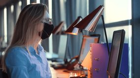Girl In Face Mask Working In Office. Distance Working Webcam. Remote Working Chatting Colleagues Internet Online Meeting Conference Webinar. Businesswoman In Face Mask On Epidemic Coronavirus Covid19 - Powered by Shutterstock - Get 15% off with code: PIKWIZARD15
