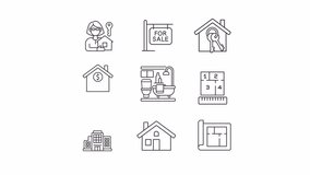 Real estate linear animation set. Property management services. Housing market. Home buying. Seamless loop HD video with alpha channel on transparent background. Animated outline icons