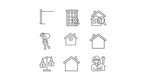 Rental property linear animation set. Real estate investing. Broker services. House search. Seamless loop HD video with alpha channel on transparent background. Animated outline icons