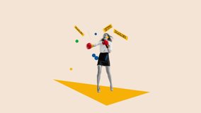 Stop motion, animation. Conceptual art. Woman, employee punching with boxing gloves deadlines. Finishing tasks. Concept of business, career development, time management, occupation - Powered by Shutterstock - Get 15% off with code: PIKWIZARD15