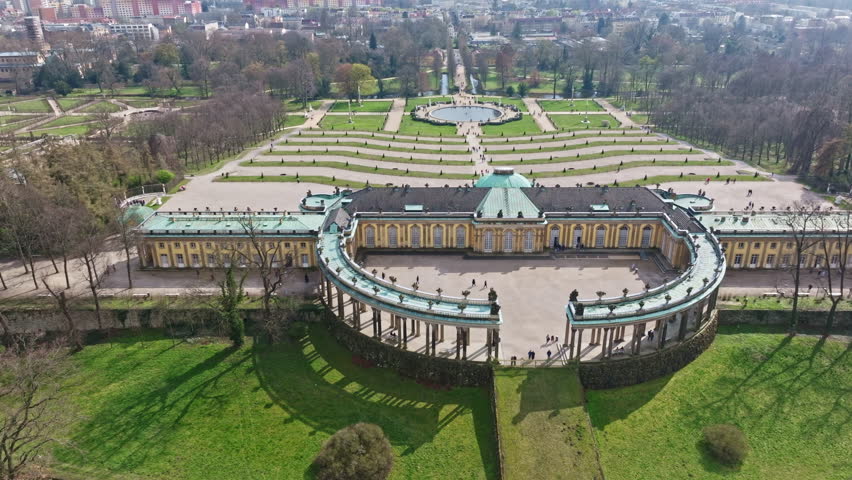 Drone shot of Sanssouci Palace ( Schloss Sanssouci ) Potsdam , Germany