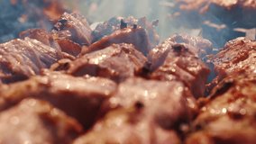 Grilling shashlik kebab on barbecue grill outdoors. Preparing juicy meat kebab on skewer in smoke. BBQ. Grill outdoors. Picnic time - Powered by Shutterstock - Get 15% off with code: PIKWIZARD15