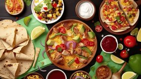 An Overhead video Of An Assortment Of Many Different Mexican Foods Including Tacos Guacamole Nachos With Grilled Chicken Tortillas Salsas
