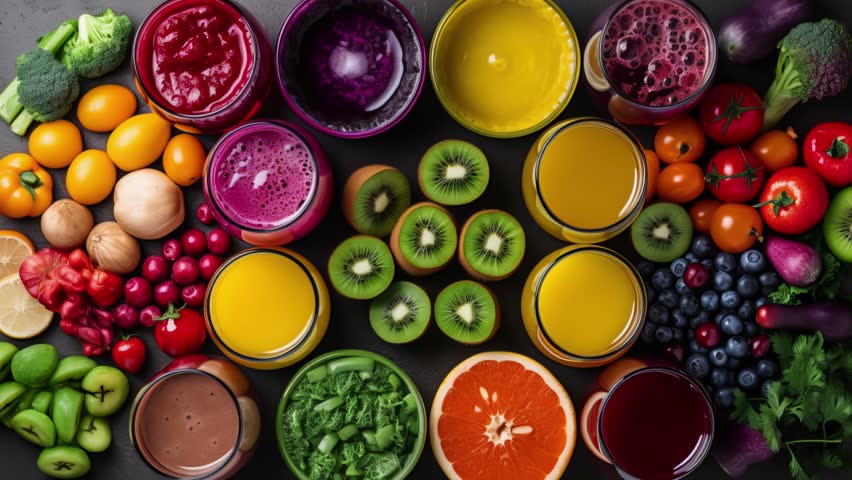 Healthy Food Concept Various Mixed Fruits Vegetables And Juices Formed In Rainbow | Shutterstock HD Video #1102799333