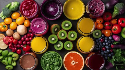 Healthy Food Concept Various Mixed Fruits Vegetables And Juices Formed In Rainbow : vidéo de stock