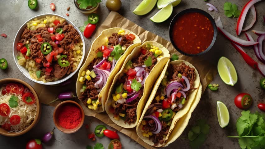 Tasty Mexican Meat Tacos Served With Various Vegetables And Salsa With Sides In Ceramic Bowls Around Top View Royalty-Free Stock Footage #1102799355