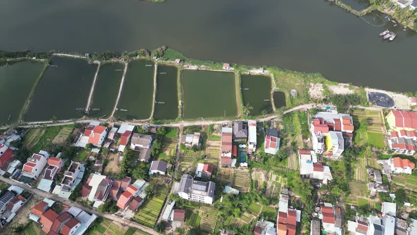 Hoi An countryside with fishing pools, Aerial view. Drone top down view from Vietnam, february,15, 2023

