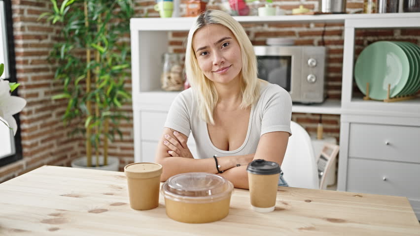 Young beautiful hispanic woman sitting on table with take away food at dinning room