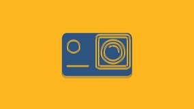 Blue Action extreme camera icon isolated on orange background. Video camera equipment for filming extreme sports. 4K Video motion graphic animation.