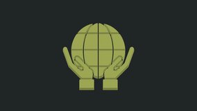 Green Human hands holding Earth globe icon isolated on black background. Save earth concept. 4K Video motion graphic animation.