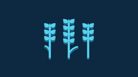 Blue Cereals set with rice, wheat, corn, oats, rye, barley icon isolated on blue background. Ears of wheat bread symbols. 4K Video motion graphic animation.