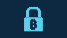 Blue Lock with bitcoin icon isolated on blue background. Cryptocurrency mining, blockchain technology, security, protect, digital money. 4K Video motion graphic animation.