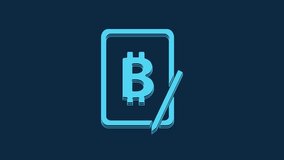 Blue Mining bitcoin from graphic tablet icon isolated on blue background. Cryptocurrency mining, blockchain technology service. 4K Video motion graphic animation.