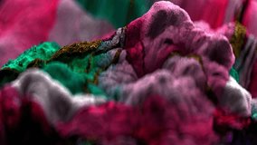 3d render abstract art loop video animation with part of surreal landscape mountains in deformation process with rough surface in purple white and emerald green color with depth of  field effect