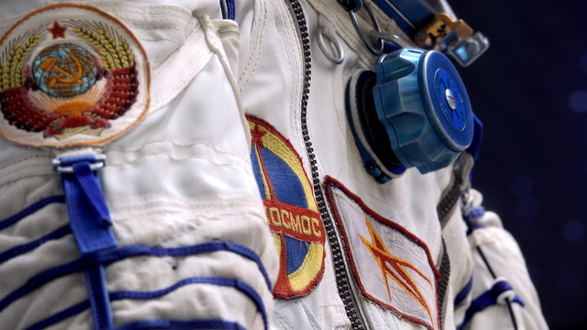 Space suit. Close shot. Costume details. USSR suit. On the suit are the emblems of the Secular Union and Roskosmos.