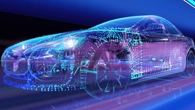 Technology Concept: 3D Electric Car Model Driving at High Speed.  Car of Blue Particles and Lines Driving Fast on Highway in Holographic Style. Car drives fast through a neon Lights, Concept of future - Powered by Shutterstock - Get 15% off with code: PIKWIZARD15