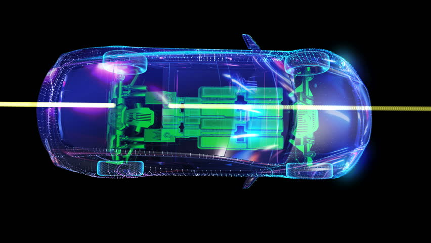 Electric Car Top View Abstract 3D animation seamless loop.  CGI Car made with wireframes perfect for UI design. Holographic animation of wireframe car, Modern Electric car from above, 4K Royalty-Free Stock Footage #1102827575