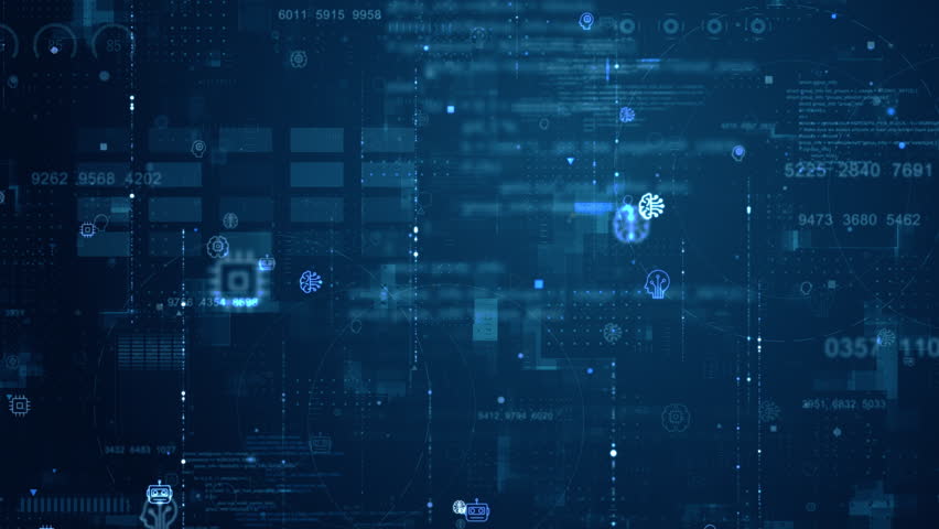 Motion graphic of Blue digital artificial intelligence (AI) icon and data matrix simulation with futuristic HUD screen technology on blue abstract background