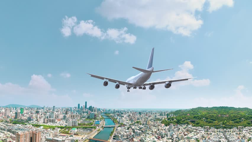 Airliner Flying and Landing Kaohsiung Taiwan. Airplane concept