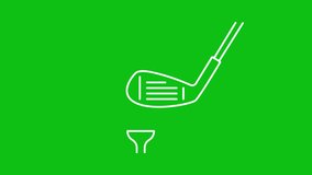 Animated club, ball white line icon. Golf equipment. Sport tournament. Professional player. Loop HD video with chroma key, alpha channel on transparent background, black solid background