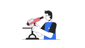 Biological scientist animation. Male lab worker with microscope isolated 2D cartoon flat colour line character 4K video footage on white background with alpha channel transparency for web design