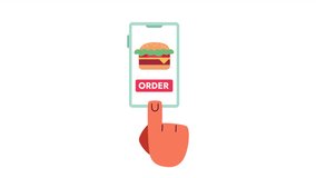 Burger order mobile app animation. Animated choose cheeseburger to delivery 2D cartoon flat first view hand. Fast food 4K video concept footage on white with alpha channel transparency for web design