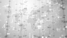 Black and white electronic screen with changing numbers falling down on the background of world map and flashing dots. Looped motion graphics.