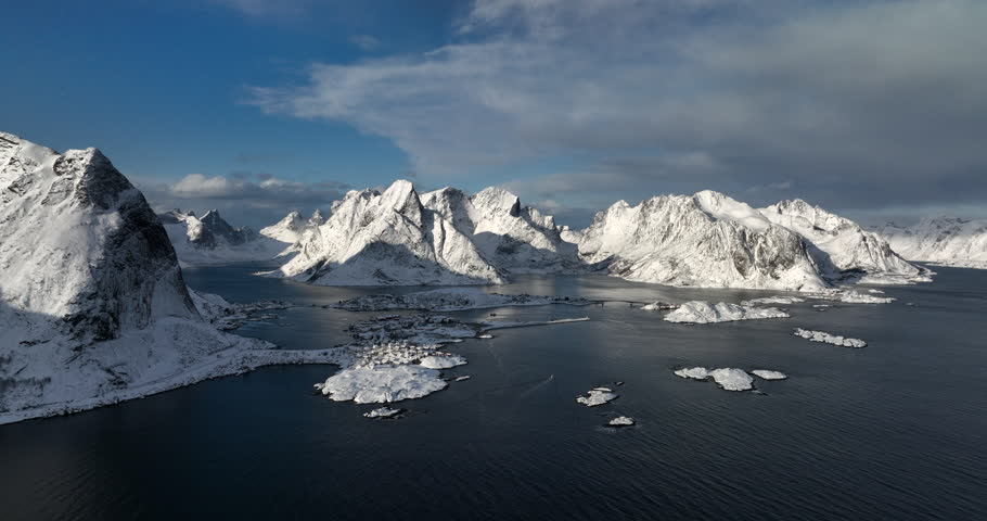 Aerial view of the Lofoten fiords, Norway, covered by snow in winter