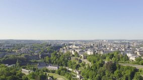 Inscription on video. Luxembourg, Historical city center in the morning. Appears from the sand, Aerial View