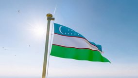 Flag of Uzbekistan waving in the wind, sky and sun background. Uzbekistan Flag Video. Realistic Animation, 4K UHD. 3D Animation