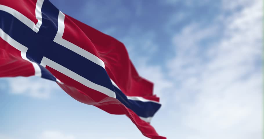 Norway national flag waving in the wind on a clear day. Red field with a blue cross with white outline. Seamless 3d render animation. Slow motion loop. Selective focus. Fluttering textile | Shutterstock HD Video #1102836071