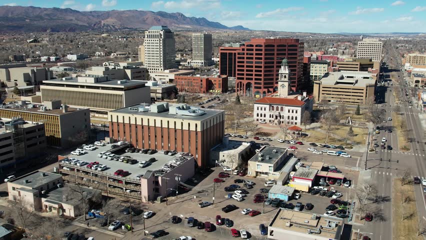 Colorado - circa 2023 - excellent aerial footage of traffic in downtown colorado springs, colorado.