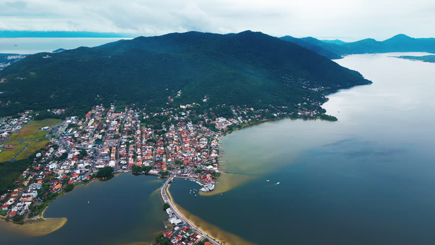 Aerial view of the town of Lagoa da Conceicao on the island of Santa Catarina in Brazil
