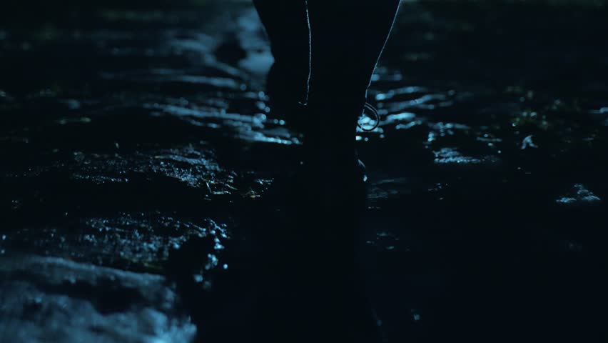 A man walking in the dark through the fog and darkness after the rain. Royalty-Free Stock Footage #1102841503