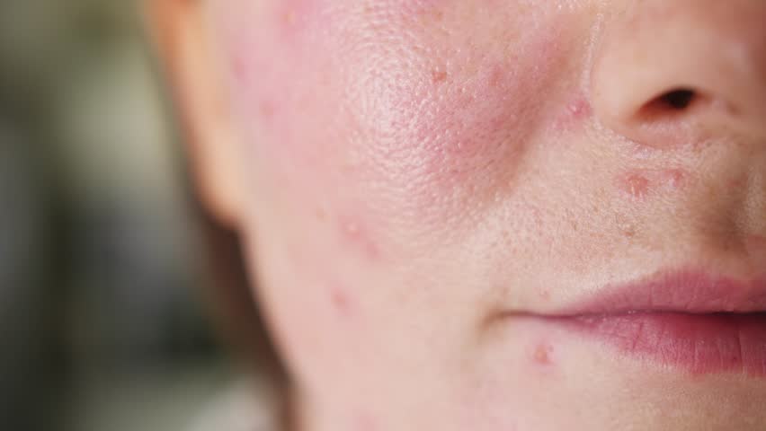 Close up of skin problems, unhealthy skin with acne and pimples. Porous, demodex and rosacea, red rashes. The concept of care for problem skin. Allergic and redness. Royalty-Free Stock Footage #1102849845