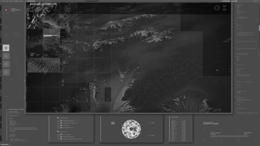 Military Computer Network Control Interface Searching Location Of Target Air Base. Military Computer Connects To Satellite Network. Military Computer Network Interface Conducts Location Analysis