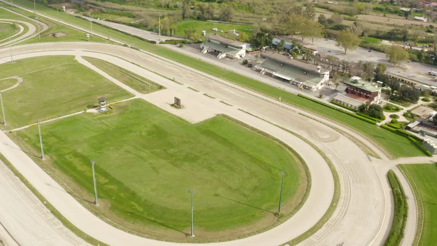 Aerial view of the Agnano hippodrome. It is a sports facility mainly used for horse racing, trotting, galloping and hurdles, one of the oldest and most famous in Italy. It