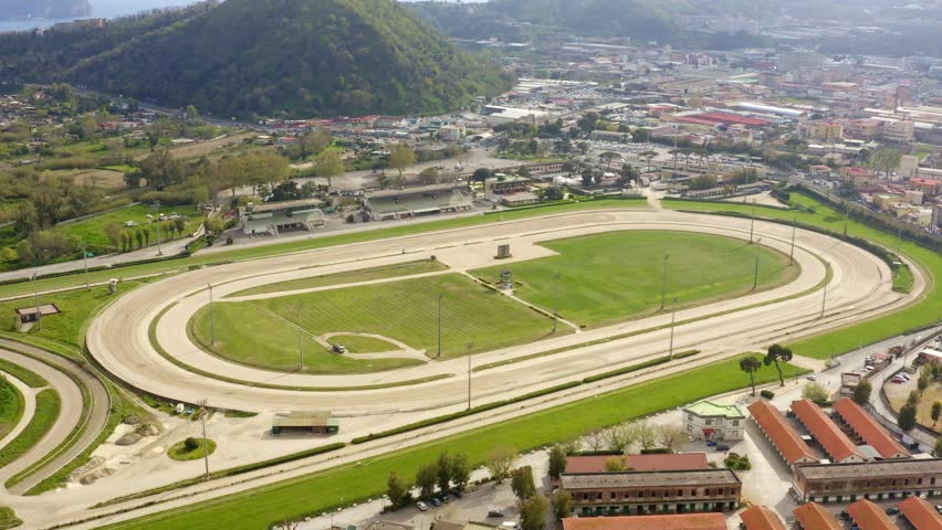 Aerial view of the Agnano hippodrome. It is a sports facility mainly used for horse racing, trotting, galloping and hurdles, one of the oldest and most famous in Italy. It