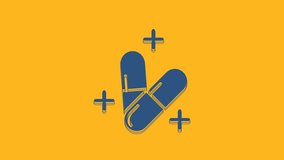 Blue Medicine pill or tablet icon isolated on orange background. Capsule pill and drug sign. Pharmacy design. 4K Video motion graphic animation.
