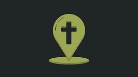 Green Map pointer with christian cross icon isolated on black background. 4K Video motion graphic animation.