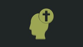 Green Human head with christian cross icon isolated on black background. 4K Video motion graphic animation.