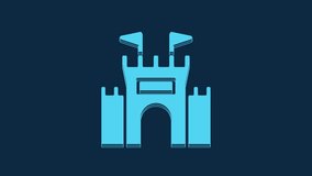 Blue Castle icon isolated on blue background. 4K Video motion graphic animation.
