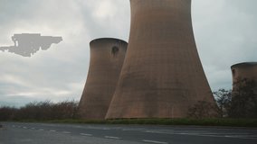 Cooling towers at a power plant, large nuclear plant, factory facility, smoke chimneys, steam, energy fossil fuels, 4K video tower
